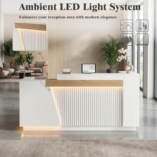 Laxodor 86.6" L-Shaped Reception Desk with Dimmable LED Lights, White Front Desk Counter for Salon, Retail Store & Office
