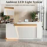 Laxodor 86.6" L-Shaped Reception Desk with Dimmable LED Lights, White Front Desk Counter for Salon, Retail Store & Office