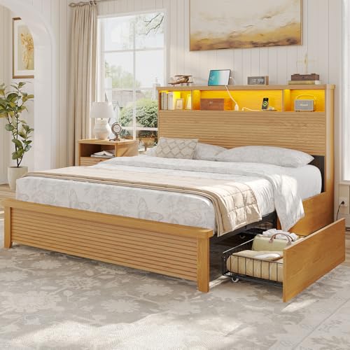 VIAGDO Wood Bed Frame Queen Size with 4 Storage Drawers & Bookcase Headboard, Led Wooden Queen Bed Frame with Charging Station,No Box Spring Needed,Wood VIAGDO