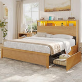 VIAGDO Wood Bed Frame Queen Size with 4 Storage Drawers & Bookcase Headboard, Led Wooden Queen Bed Frame with Charging Station,No Box Spring Needed,Wood VIAGDO