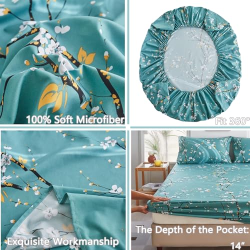 ZRNBAST Teal Sheet Set 4 Pcs Twin Sheet Set Floral Print Flat Sheet Fitted Sheet Farmhouse Style Bedding Sheets Easy Fit Microfiber Sheets-All Seasons (Teal, Twin) ZRNBAST