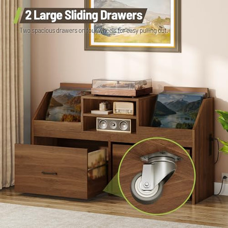 STHYTON Large Record Player Stand with Charging Station & 2 Sliding Drawers, Record Storage Cabinet with Vinyl Storage Hold Up to 500+ Album, Mid Century Turntable Stand for Living Room, Music Room STHYTON
