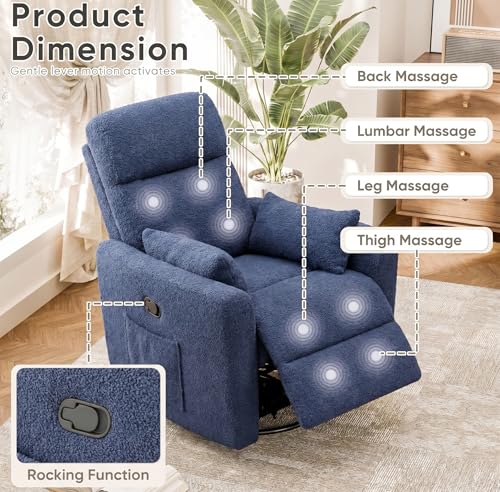 Flamaker Swivel Recliner Chair, Massage Nursery Rocking Chair with 2 Pillows, Comfy Single Sofa Glider Rocking Chair with Side Pockets for Living Room (Fabric, Blue)