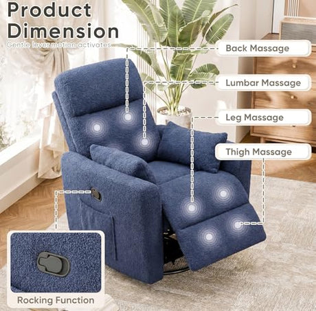 Flamaker Swivel Recliner Chair, Massage Nursery Rocking Chair with 2 Pillows, Comfy Single Sofa Glider Rocking Chair with Side Pockets for Living Room (Fabric, Blue) Flamaker