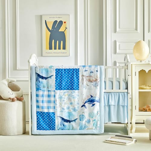 Patchwork Crib Bedding Set Blue Ocean Plaid Design 3 Pieces Baby Cute Quilted Comforter with Fitted Sheet and Bed Skirt - Whales Dolphins Turtles Seahorses Shell Marine Animals Style Crib Bed Set UOZZI BEDDING