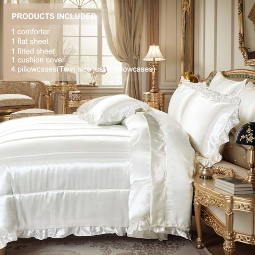 Silk Like Satin Comforter Set with Sheet Set King 8 Pcs White Satin Bedding Set Silky Ruffle Pattern Home Deocr Luxury Hotel Silky Bed in a Bag with 1 Cushion Cover Bedding_Dreamer