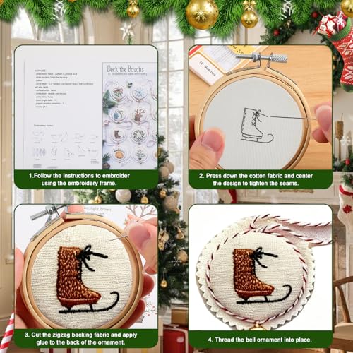 14 PCS Hand Embroidery Christmas Ornaments Kit, Christmas Embroidery Kit with DIY Material Package, 3D Novice Embroidery Needlepoint Starter Kit with Easy Patterns & Instructions (Red)
