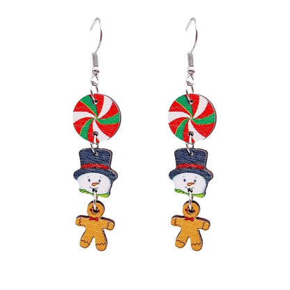 Zhang shine Christmas Theme Wooden Earrings for Women Snowman Santa Gingerbread Man Candy Gift Dangle Earrings for Christmas Holiday Party Decorations