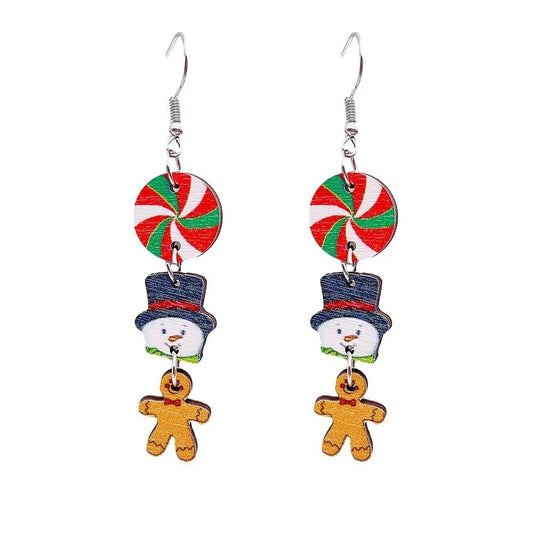 Zhang shine Christmas Theme Wooden Earrings for Women Snowman Santa Gingerbread Man Candy Gift Dangle Earrings for Christmas Holiday Party Decorations