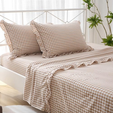 K MASANIJI Taupe White Plaid Ruffle Sheets Full Size 4-Piece Set, 300TC 100% Yarn Dyed Cotton Sheets Deep Pocket Farmhouse Gingham Decorative Bedding (Taupe/White Plaid, Full) K MASANIJI
