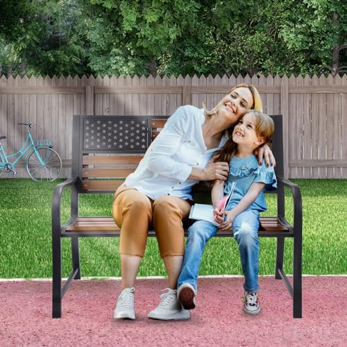 BACKYARD EXPRESSIONS PATIO · HOME · GARDEN Wooden Flag Bench Metal American Patio/Porch Slats-46 Width, 24" Deep Seat, Natural - WoodArtSupply