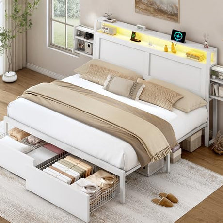 LARMACE King Size Bed Frame with Charging Station and LED Lights Wooden Platform Bed Frame with Storage Drawers and Ergonomic Headboard,2-Tier Hidden Storage,No Box Spring Needed,Easy Assembly,White LARMACE