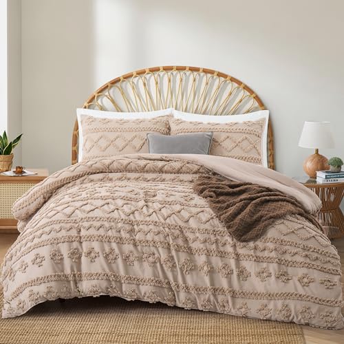 Oli Anderson Khaki Queen Comforter Set Tufted Bedding Set Queen 3 Pieces, Boho Shabby Chic Comforter with 2 Pillowcases (Khaki,Queen) Oli Anderson