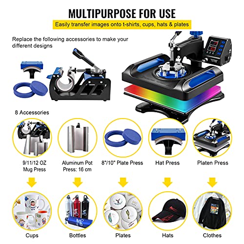 VEVOR Heat Press Machine for T-Shirts - 8 in 1 Heat Press Sublimation Machine with 360° Rotation/Dual-Tube Heating, 12 x 15 Swing Away Heat Press for DIY T-Shirts/Cap/Mugs/Heat Transfer Projects,Blue VEVOR
