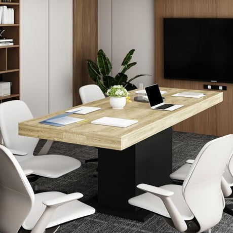 WOODTIME Extendable Conference Table for 6-8 People, 63" to 78.7" Rectangle Meeting Seminar Table for Office Conference Room, Black & Brown WOODTIME