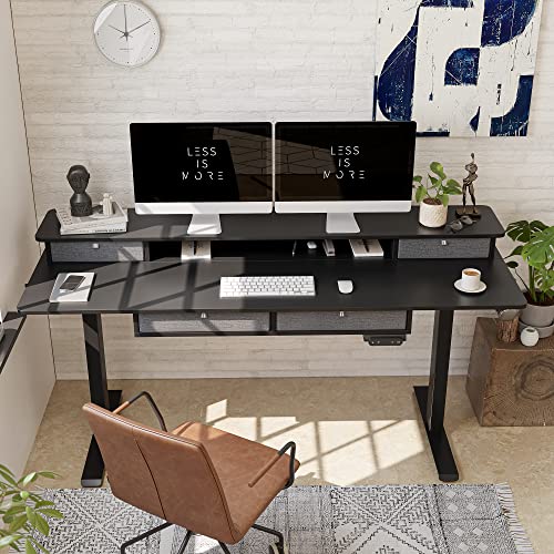 FEZIBO 63" Height Adjustable Electric Standing Desk with 4 Drawers, 63 x 24 Inch Table with Storage Shelf, Sit Stand Desk with Splice Board, Black Frame/Rustic Brown Top, 63 inch - WoodArtSupply