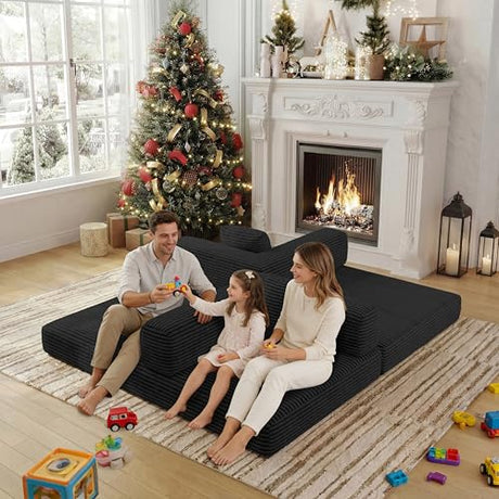 BSHOMGI 4 in 1 Futon Sofa Bed Queen Size - Foldable Convertible Sleeper Couch,Teddy Foam-Filled Compressed Couch Removable Corduroy Cover, Space Saving Sofas for Bedroom & Dorm (Black, 59” 2 Seat) BSHOMGI