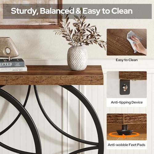 knoworld 39.4" Console Table, Industrial Entryway Table with Anti-Tilt Design, Narrow Wood Accent Sofa Table Behind Couch with Double Circle Base for Entryway, Living Room, Hallway, Foyer knoworld