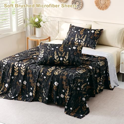 Botanical 6-Piece King Size Sheets Set, Boho Floral Print Brushed Microfiber Sheets, Cooling Bed Sheet Set, Ultra Soft & Breathable, 16' Deep Pocket Fitted Sheet & Pillowcase Set, Beige Brown Leaves Swiftify