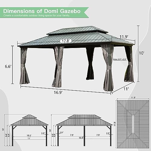 Domi Hardtop Gazebo 12x18FT, Aluminum Metal Gazebo with Galvanized Steel Double Roof Canopy, Curtain and Netting, Permanent Gazebo Pavilion for Patio, Backyard, Deck and Lawn, Grey domi outdoor living
