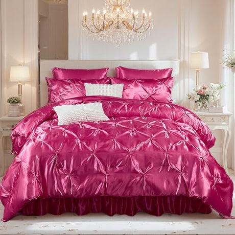 Bedbay Hot Pink Comforter Set,Satin Queen Comforter with Sheets,Bed in a Bag Queen,Pinch Pleat Bedding Set,Hot Pink Pintuck Luxury Bed Set 10 Pcs,Soft Lightweight Silk Like Satin Bedding Set Bedbay