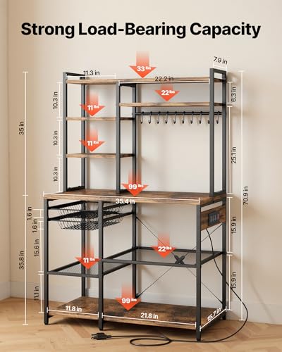 VEVOR Kitchen Bakers Rack with Power Outlets, 35.4x15.7x70.9 Inch Microwave Stand with Built-in Power Strip & 5 Ft Cord, 10 S-Shaped Hooks, for Dish Storage, Spice Jars, Coffee Bar Organization