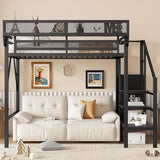 KEIKI Twin Size Metal Loft Bed Frame with Convertible Staircase, Built-in Storage Shelves & Wardrobe, Loft Bed with Solid Slats & Guardrail, No Box Spring Required, Easy Assembly, for Bedroom, Black KEIKI