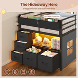 ADORNEVE Low Loft Bed Twin Size with Tent, 5 Storage Drawers, LED Lights, Metal Kids Loft Bed with Bookcase & Under-Bed Play Space,Twin Loft Beds with 13.8''H Safety Guardrail,Inclined Ladder, Black ADORNEVE