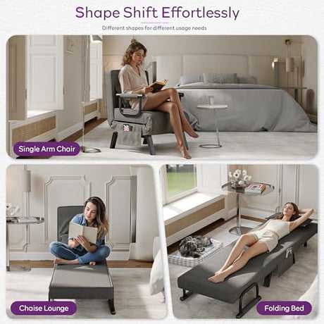 TYBOATLE Sleep Chair Bed, Comfy Convertible Sleeper Chairs for Adults, 5 in 1 Folding Sofa Bed with Adjustable Backrest & Side Pockets & Pillow, Cozy Small Couch for Small Spaces, Office (Dark Grey) TYBOATLE