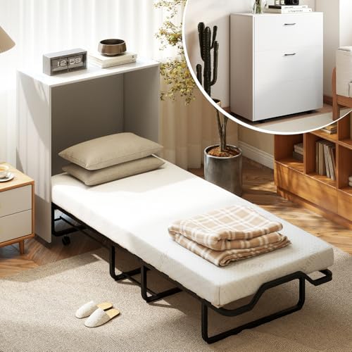 KOMFOTT Murphy Bed Cabinet, Rolling Folding Bed into Cabinet with Mattress & Lockable Wheels, Folding Bed Frame for Small Space, Roll Away Pull Out Murphy Bed for Guest Room Office (White) KOMFOTT