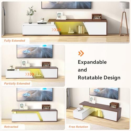 Verano Garden Extendable TV Stand with Led Lights, Wood TV Media Console with 2 Drawers & 1 Cabinet, Modern Entertainment Center Up to 90 Inch TV for Living Room Bedroom, 63" - 90.6" (White & Walnut) Verano Garden