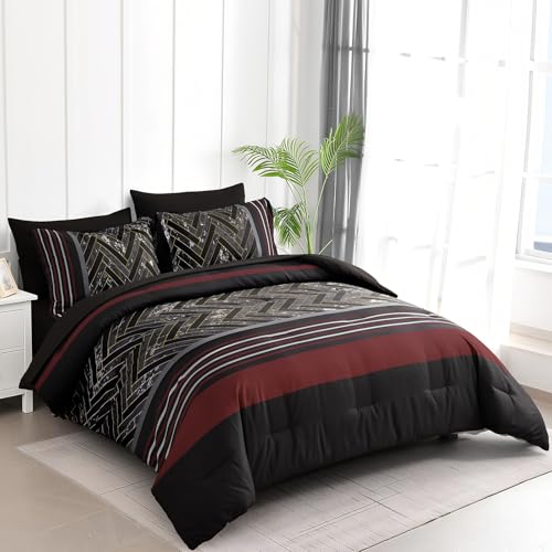 Luxudecor Black and Red Comforter Set Queen Size, 7 Pieces Stripe Geometric Bed in a Bag, Marble Comforter and Sheet Set, Soft Microfiber Complete Bedding Sets for All Seasons Luxudecor