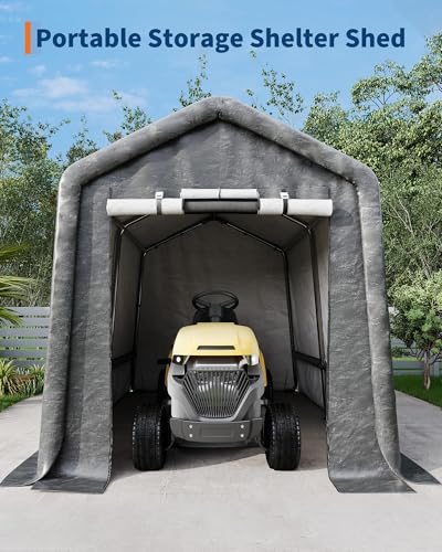 7X12 FT Heavy-Duty Portable Outdoor Storage Shed with Roll-Up Zipper Door & Vent, 240g Waterproof Carport Storage Shelter, UV-Resistant Canopy for Motorcycle, Firewood, Tools -Gray ﻿ ActiveTrail