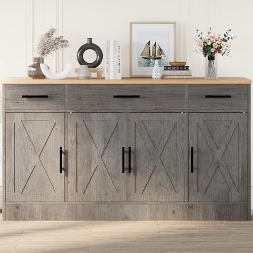 Shintenchi Buffet Cabinet with Storage,53.4" Large Kitchen Storage Cabinet with 3 Drawers and 4 Doors,Wood Farmhouse Buffet Sideboard with Adjustable Shelf for Kitchen Living Room,Ash Grey Shintenchi