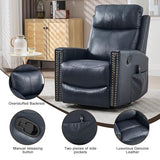 Genuine Leather Swivel Rocker Recliner Chair for Adults, Manual Glider Rocking Chair for Nursery with Vibration Massage & Lumbar Heat, Rivet Design Single Sofa for Living Room, Blue