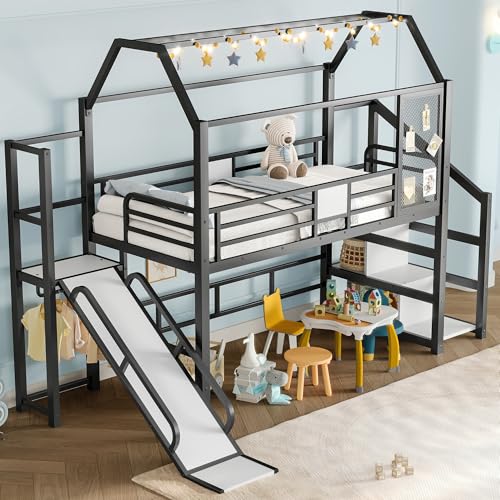 Bellemave Twin Size Metal House Loft Bed with Slide and Stairs,Heavy Duty Playhouse Loft Bed Frame with Storage Shelves for Kids,Teens,Adults,Black Bellemave