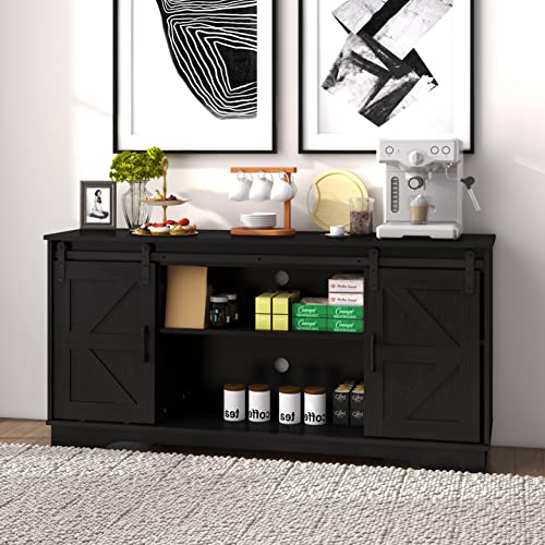 Panana Bar Cabinet with Barn 2 Sliding Doors Buffet Farmhouse Storage Cabinet TV Stand (Black) - WoodArtSupply