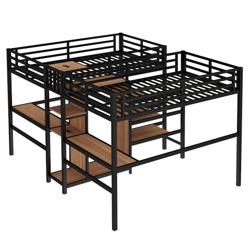 Bellemave Twin Over Twin Metal Loft Bed with Desk and Wardrobe for 2 Kids,Twin Size Heavy Duty Double Loft Bed Frame with Charging Station and Shelves for Boys,Girls,Adults,Woodgrain Bellemave