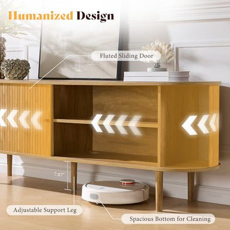 AMERLIFE 70" Mid-Century Modern TV Stand, TV Console Table for TVs up to 80 Inch, Fluted Wood Media Console with Storage, Solid Wood Legs, Natural Oak AMERLIFE