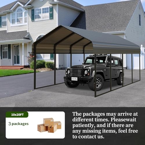 10x20FT Metal Carport Heavy Duty for 1 Cars - Frame Shelter Car Garage Kits for All-Weather,Car Canopy Reinforced with Safe Boat Cover Car Ports for Yard Protection Poborin