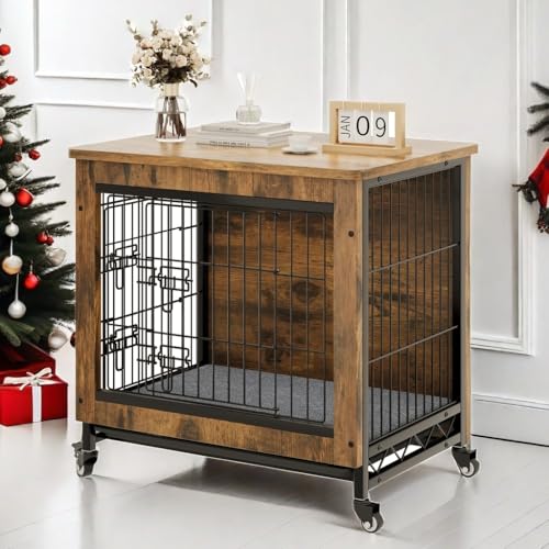 YITAHOME Dog Crate Furniture with Cushion, Dog Kennel Indoor with Wheels, Dog Crate End Table with Tray, 27" Dog Cage with Double Doors for Small Dog (Rustic Brown) YITAHOME