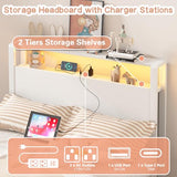 Weehom Twin Bed Frames with 2 Tiers Wood Storage Shelves Headboard, Twin Size Bed with Charger Stations and LED Light Under Bed Storage Space Platform Bed for Kids, Girls and Adults, White Weehom