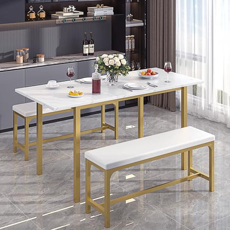 VECELO 3-Piece 63" Extendable Kitchen Table with Benches/Chairs, Modern Breakfast Dinette/Dining Room Set for 4/6/2, Small Space Saving Design, Easy Assembly VECELO
