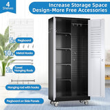 GLADIW Garage Storage Cabinet with Wheels, Broom Closet Storage Cabinet with Pegboards and Adjustable Shelves, Metal Tool Cabinet with Lockable Door for Garage Home, Black and White GLADIW
