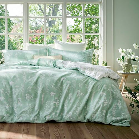 Bedsure Duvet Cover Queen Size - Reversible Green Queen Duvet Cover Set with Zipper Closure, 3 Pieces Floral Patterned Bedding Set with 8 Corner Ties and 2 Pillow Shams Bedsure