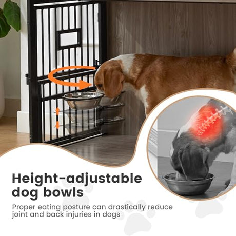 38 Inch Heavy Duty Dog Crate Furniture for Medium Dogs, Decorative Pet House End Table with 3 Doors & Adjustable Bowls, Wooden Cage Kennel Furniture Indoor, Rustic Grey Gardner Pet