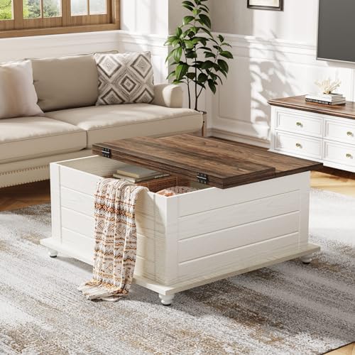 Tribesigns Farmhouse Coffee Table with Storage, Wood Square Coffee Table with Large Hidden Storage Compartment, Rustic Center Table for Living Room, Brown & Warm White - WoodArtSupply