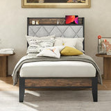 Sweetcrispy Twin Bed Frame with Headboard, Storage Headboard with USB Charging Station, Durable Squeak-Free Frame, Simple No-Tool Assembly,Works with Twin Mattress No Box Spring Needed Sweetcrispy