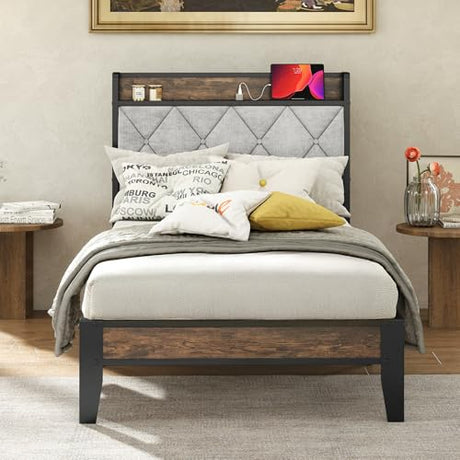 Sweetcrispy Twin Bed Frame with Headboard, Storage Headboard with USB Charging Station, Durable Squeak-Free Frame, Simple No-Tool Assembly,Works with Twin Mattress No Box Spring Needed Sweetcrispy