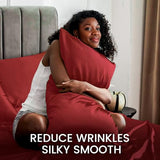 Revdomfly 4 Pcs Queen Size Luxury Silky Soft Wine Red Satin Sheet Set,1 Premium Moisture Wicking Fitted Sheet Fits Up to 16 Inches Deep Pocket + 1 Flat Sheet + 2 Pillowcases（Wine Red, Queen） Revdomfly